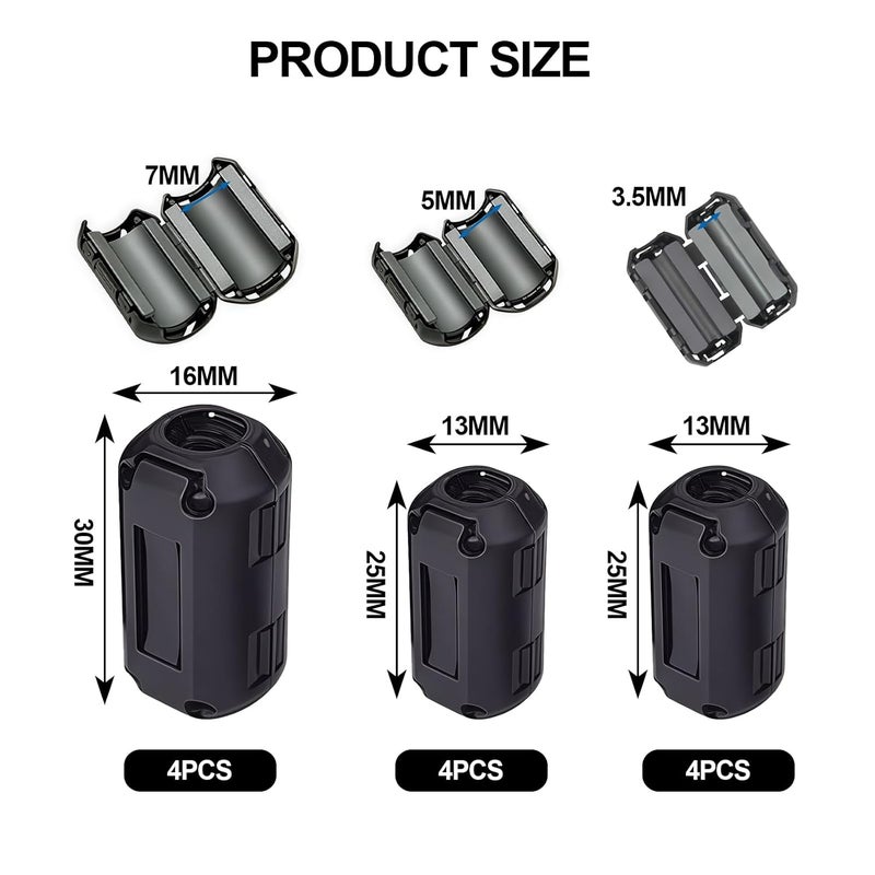 smrtcol 12 Pcs Ferrite Ring Core EMI Noise Suppressor Clip-On Filter (3.5mm/5mm/7mm), Snap-On Interference Reducer for USB, Audio, Video, Charging & Data Cables, Improves Signal Quality - Image 2